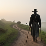 A lone pilgrim, seen from behind, walking a winding dirt path through a misty, serene natural landscape at dawn. The atmosphere is quiet and reflective, emphasizing introspection and the search for inner peace. A simple backpack and walking stick are visible.
