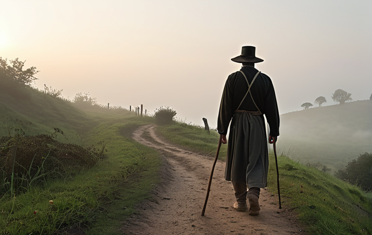 A lone pilgrim, seen from behind, walking a winding dirt path through a misty, serene natural landscape at dawn. The atmosphere is quiet and reflective, emphasizing introspection and the search for inner peace. A simple backpack and walking stick are visible.
