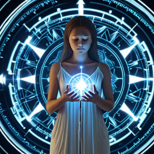 Home 17 **Prompt:** A serene figure, bathed in soft, ethereal light, stands at the center. Their hands gently cradle a subtle, glowing inner compass symbol, while around them, a swirling, abstract blend of fragmented digital screens and data streams creates a sense of information overload and modern chaos. The figure's expression is calm and focused, embodying finding inner direction amidst the digital world. *Keywords: Inner compass, digital chaos, fragmented reality, serene figure, glowing light, contemplation, abstract digital elements, modern life, peace amidst noise.*