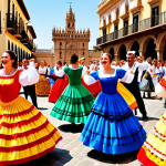**Prompt:** A vibrant fiesta scene in Seville, Spain, with people dancing Sevillanas, colorful traditional dresses, castanets, and a joyous atmosphere. The backdrop should include the Giralda and other recognizable Seville landmarks.