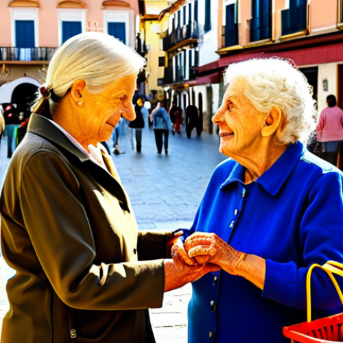 Home 13 Compassionate Volunteer**
"A fully clothed, kind-looking woman, appropriate attire, assisting an elderly person with groceries in a sunny, bustling Spanish town square, safe for work, perfect anatomy, natural proportions, professional photograph, modest, family-friendly, well-formed hands, proper finger count, natural body proportions."
**