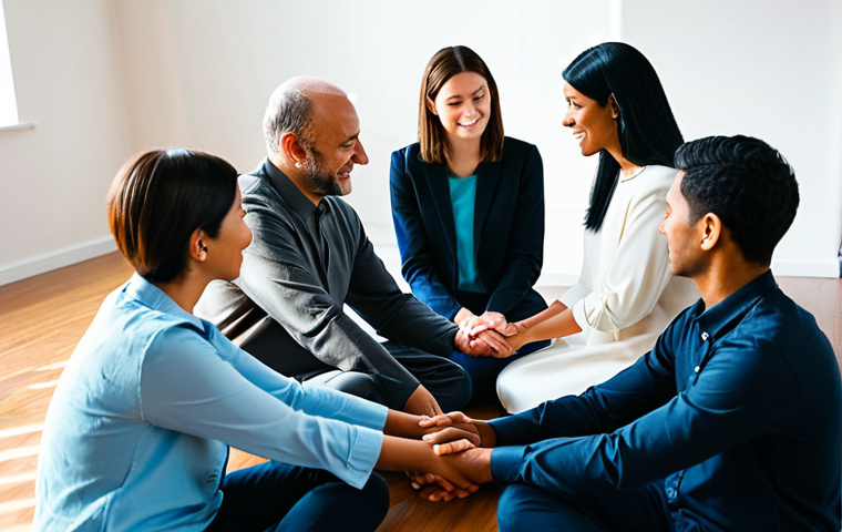 기독교의 기도 모임 - Community & Support**
"A diverse group of fully clothed adults in modest attire, sitting in a circl...