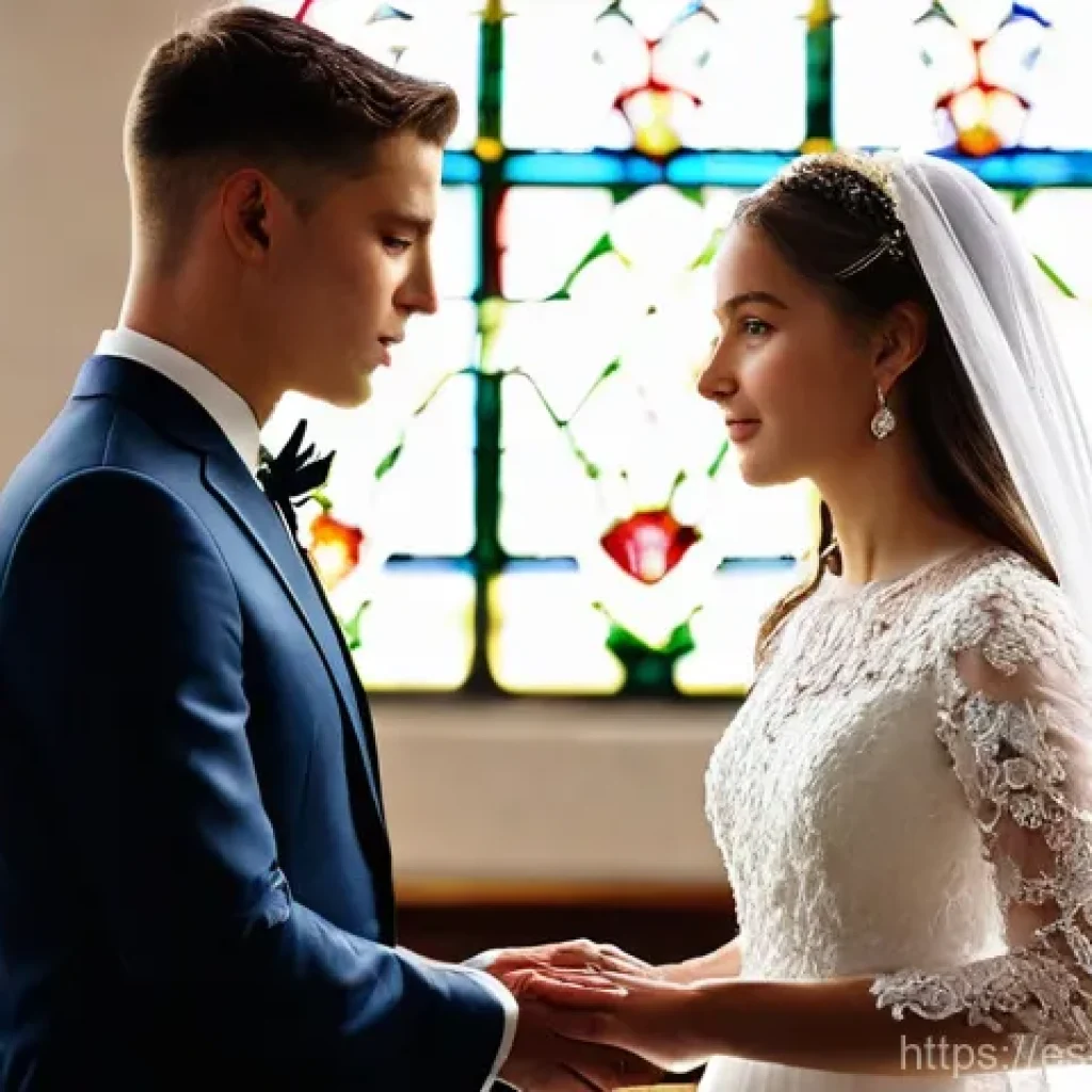 기독교 결혼식의 의미 - The Sacred Vows in a Divine Light**

*   **Subject:** A young adult Christian couple standing revere...