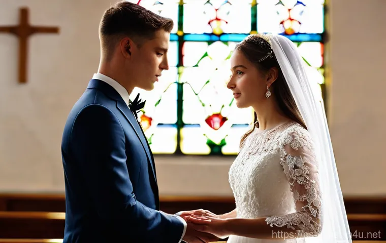 기독교 결혼식의 의미 - The Sacred Vows in a Divine Light**
* **Subject:** A young adult Christian couple standing revere...