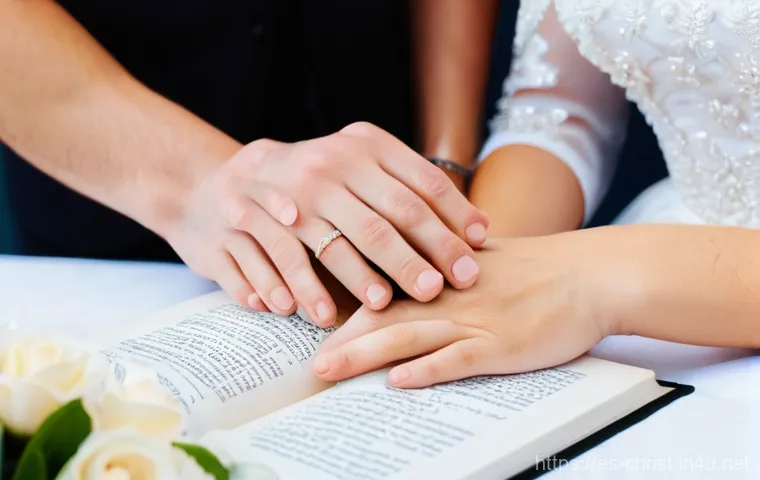 기독교 결혼식의 의미 - The Sacred Vows in a Divine Light**

*   **Subject:** A young adult Christian couple standing revere...