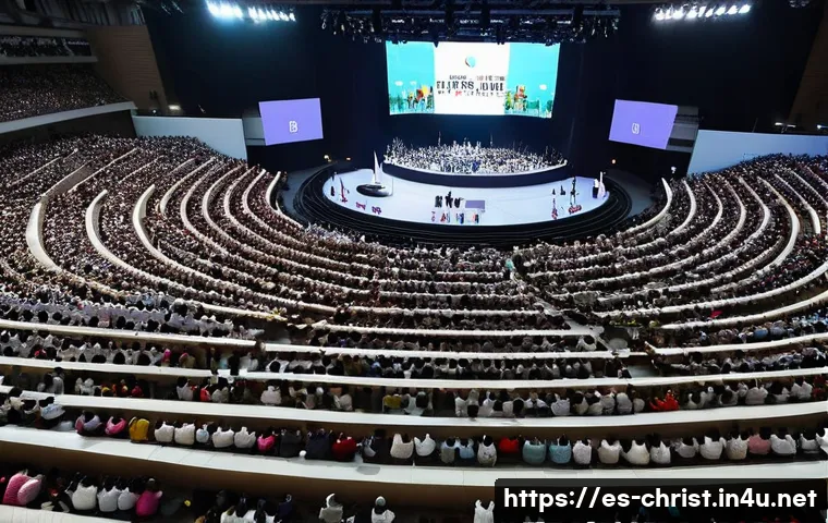 한국의 대형 교회와 성장 - **A Vibrant Korean Mega-Church Gathering**
Prompt: "A wide-angle, high-definition photograph cap...