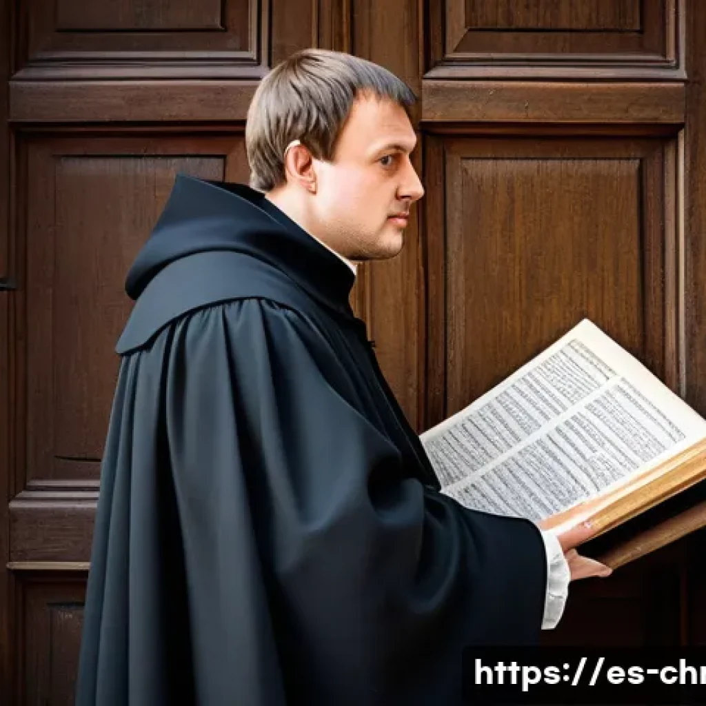 기독교 종교개혁 - **Prompt:** A historically accurate illustration depicting Martin Luther, a robust man in his tradit...