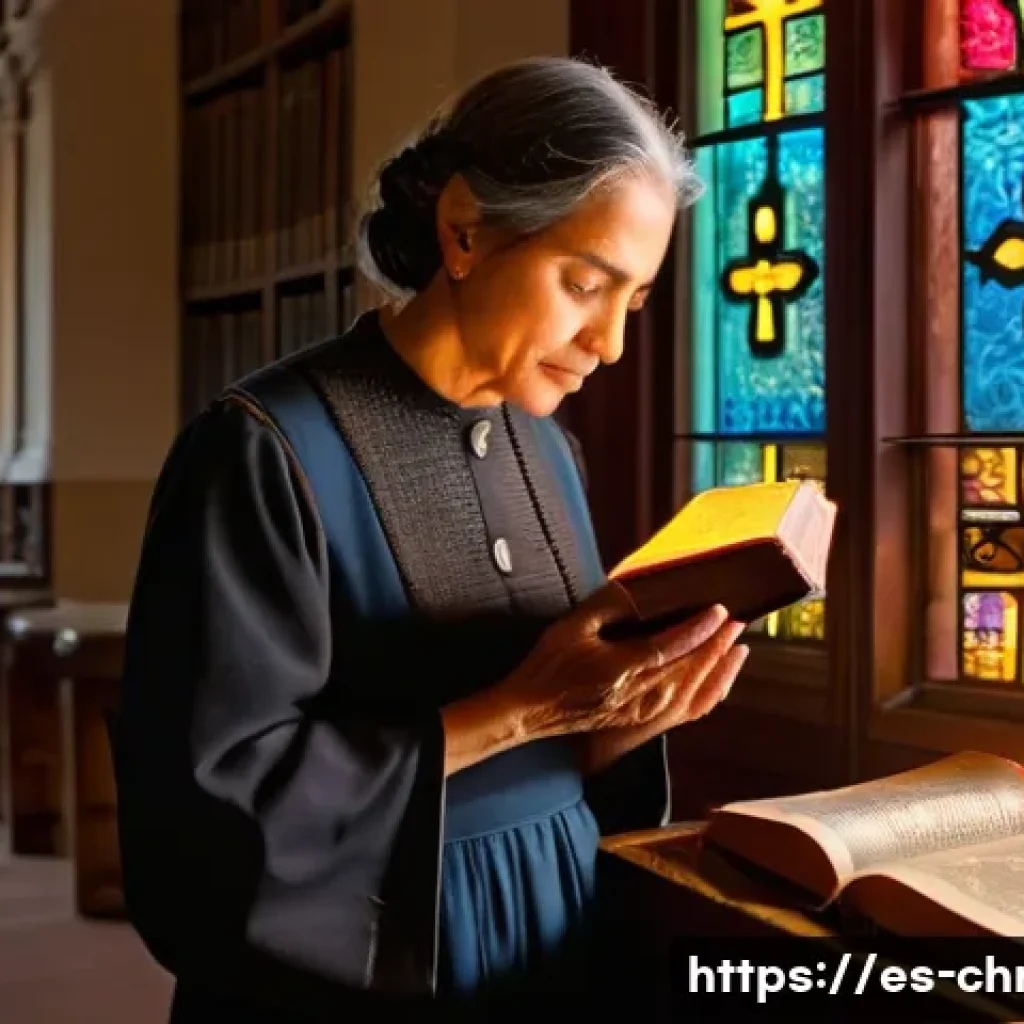 기독교와 독서 문화 - A warm, inviting scene inside a traditional Spanish church library, sunlight streaming through stain...
