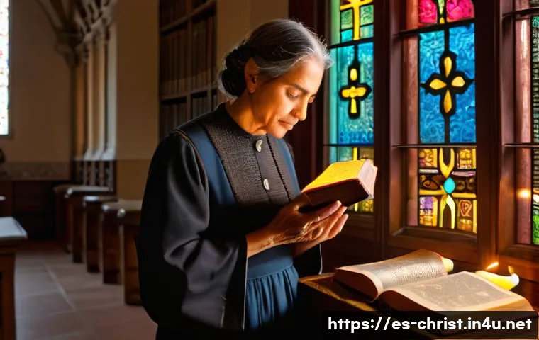 기독교와 독서 문화 - A warm, inviting scene inside a traditional Spanish church library, sunlight streaming through stain...
