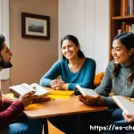 Home 21 기독교와 성경공부 - A diverse group of Spanish-speaking adults gathered in a cozy, warmly lit living room, engaged in a ...