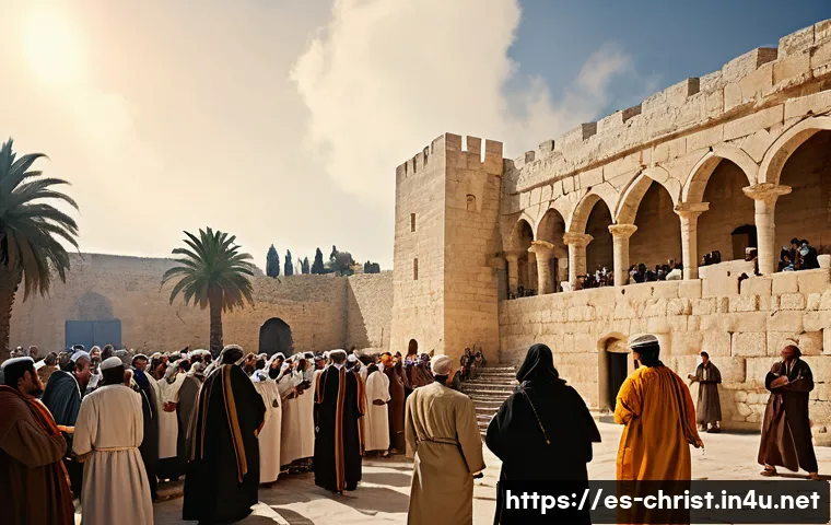 기독교 사도행전 - A vibrant early Christian community gathered outdoors in ancient Jerusalem, with diverse men and wom...