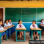 Home 19 기독교 선교사의 역할 - A vibrant rural classroom scene in a Latin American village, featuring diverse children aged 6 to 12...