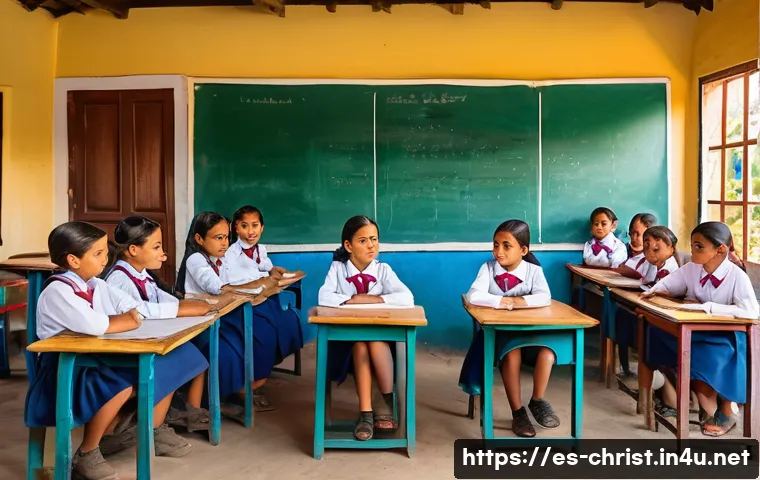 기독교 선교사의 역할 - A vibrant rural classroom scene in a Latin American village, featuring diverse children aged 6 to 12...