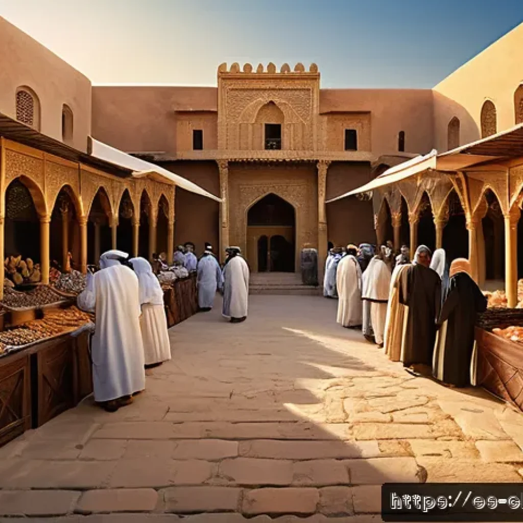 이슬람교와 기독교 - A detailed scene depicting a historical Middle Eastern marketplace at sunset, showing diverse groups...