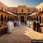 Home 18 이슬람교와 기독교 - A detailed scene depicting a historical Middle Eastern marketplace at sunset, showing diverse groups...