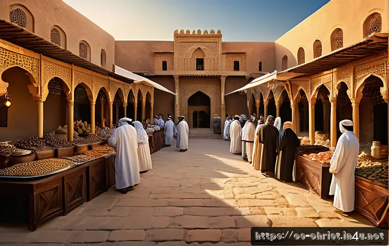 이슬람교와 기독교 - A detailed scene depicting a historical Middle Eastern marketplace at sunset, showing diverse groups...