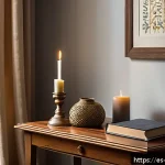 Home 23 기독교의 영적 전쟁 - A serene home prayer corner in a cozy living room setting, featuring a softly lit Bible opened on a ...