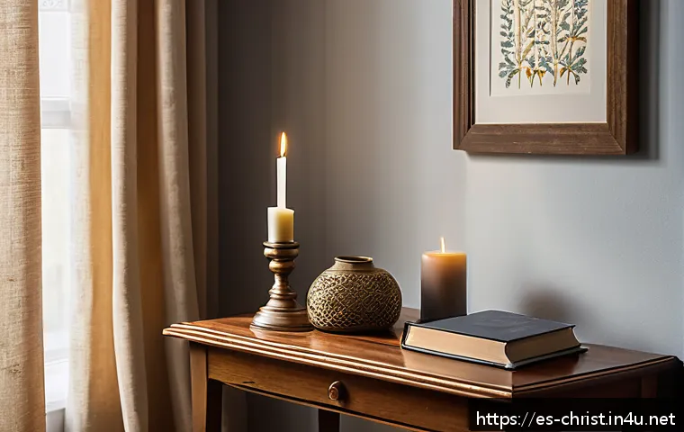 기독교의 영적 전쟁 - A serene home prayer corner in a cozy living room setting, featuring a softly lit Bible opened on a ...