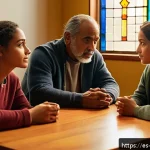 기독교와 영화 - A cinematic scene depicting a diverse group of contemporary adults in a warmly lit community center,...