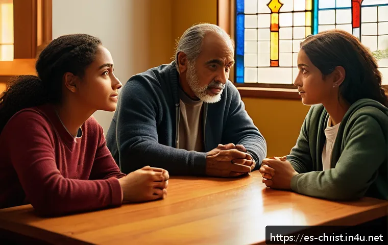 기독교와 영화 - A cinematic scene depicting a diverse group of contemporary adults in a warmly lit community center,...
