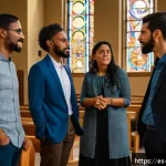 기독교와 페미니즘 - A diverse group of men and women in a modern church setting, engaged in an inclusive discussion circ...