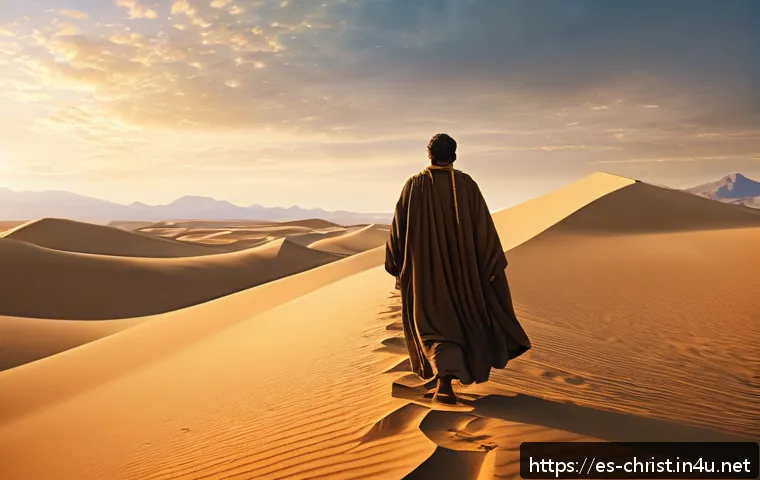 기독교와 가상현실 VR - A serene and immersive digital biblical scene depicting the Exodus journey in a vast desert landscap...