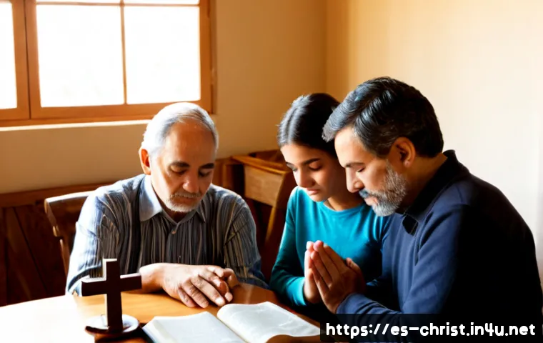 Home 17 기독교 윤리와 신앙생활 - Photorealistic Spanish-speaking Christian family in a warm sunlit living room, three generations sea...
