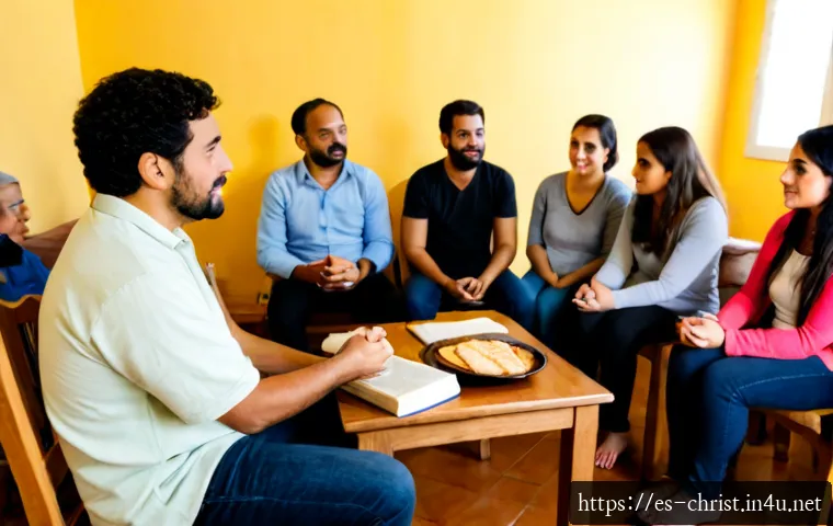 Home 17 기독교의 속회 운동 - Photorealistic evening small-group Christian fellowship in a welcoming Spanish-speaking neighborhood...